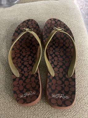 Coach Brown Signature Flip-Flop Sandals with Gold Straps